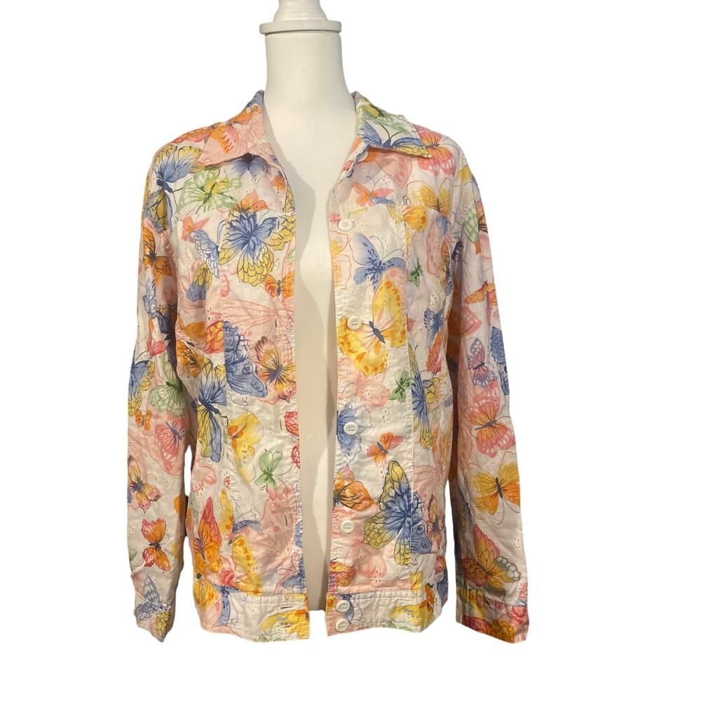 Alfred Dunner Jacket Size 14 Button Up Eyelet Butterfly Floral Shacket Dopamine